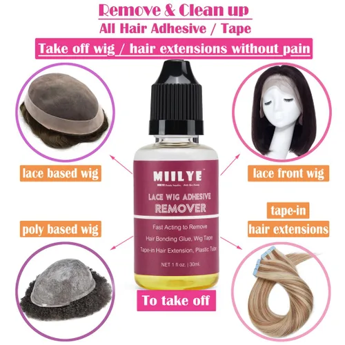 Vista 4 de MIILYE Removedor de pegamento para peluca, 2 botellas, removedor de extensiones de cabello con cinta Solvente para residuos adhesivos, peluca