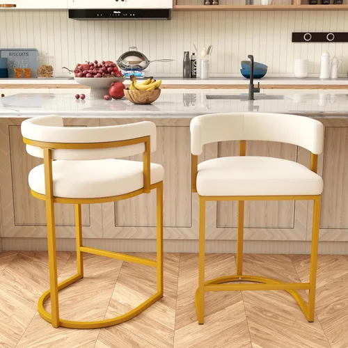 Vista 10 de Modern Barrel - Juego de 2 taburetes de bar de terciopelo de 24 pulgadas con respaldo y brazos cómodos, silla de isla de cocina tapizada de sherpa