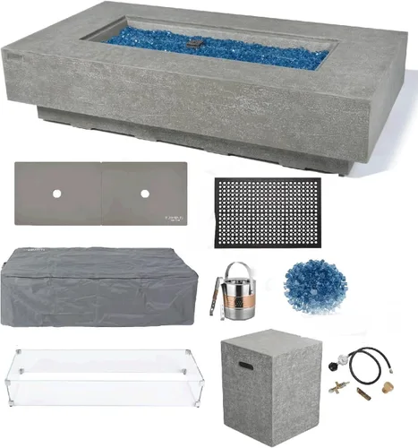 Vista 32 de Elementi+ Mesa de Fuego de Gas Colorado de Hormigón Fundido de 56" Rectangular, Hoguera al Aire Libre con Ignición Electrónica Incluye Cubierta