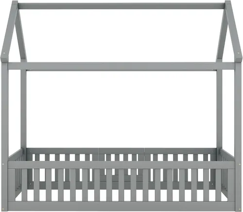Vista 5 de Bellemave Cama Montessori de tamaño individual para niños, camas de piso de madera con barandillas de valla y puerta, cama individual para niños