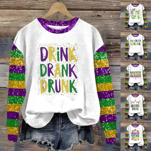 Vista 4 de Sudadera de Mardi Gras para mujer, ropa para el día del desfile de Nueva Orleans, divertida sudadera con capucha con cuello redondo y capucha