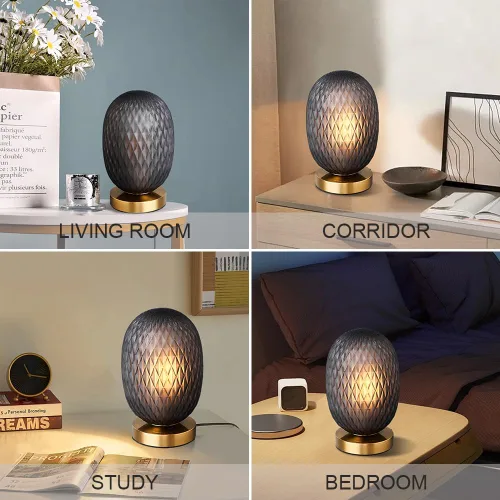 Vista 7 de Moderna lámpara de mesa de cristal con forma de globo de mediados de siglo, industrial regulable con control táctil, luces de escritorio, 3 niveles