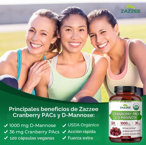Vista 4 de Zazzee USDA Organic Cranberry PAC y D-Manosa, 36 mg PAC por porción, 1000 mg de D-manosa por porción, 120 cápsulas veganas, suministro de 2 meses