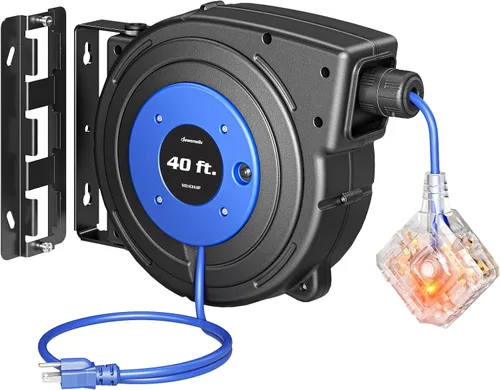 Vista 18 de DEWENWILS Carrete de Cable de Servicio Pesado, Cable de Extensión de Alimentación Retráctil de 40 Pies, 12AWG/3C SJTOW, 3 Tomas Triples Iluminadas