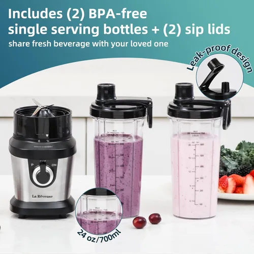 Vista 4 de La Reveuse Licuadora para batidos, 400 W, con 2 tazas de mezcla de 24 onzas y tapas para llevar, sin BPA
