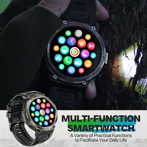 Vista 11 de Reloj inteligente militar para hombre, reloj GPS con linterna, brújula 3ATM, impermeable, resistente, táctico, inteligente, Bluetooth, 1.45