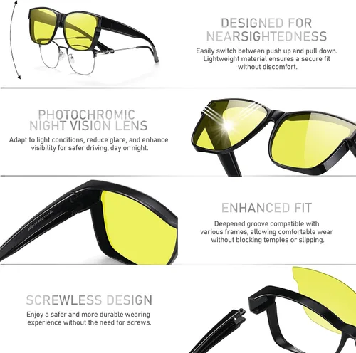 Vista 4 de GEGURI Gafas fotocrómicas de visión nocturna, ajuste sobre gafas de transición polarizadas antirreflejos para hombres y mujeres, lentes amarillas