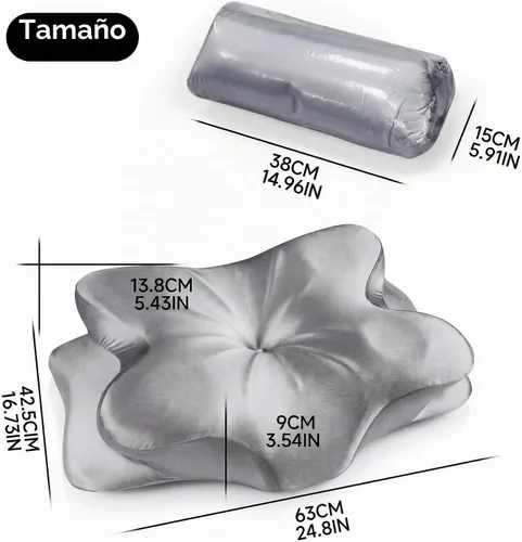 Vista 2 de Almohada cervical para el alivio del dolor de cuello, almohada ergonómica de espuma viscoelástica con funda de satén sedoso resistente a