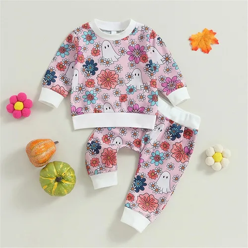 Vista 5 de Child Comfortable Playwear Halloween Toddler Girl's Long Sleeved Floral Print Top And Pant Suit Suit For 0 To 3