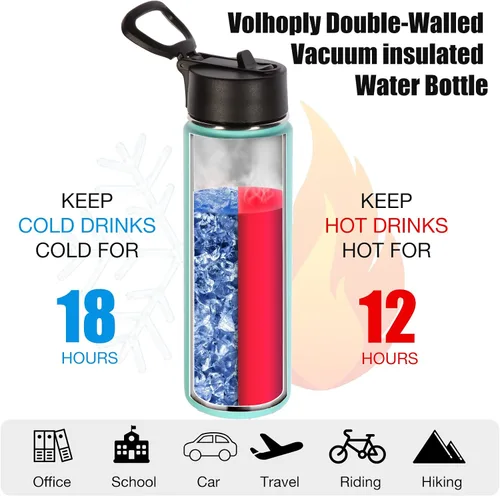 Vista 3 de Botellas de agua aisladas Volhoply con pajilla a granel, paquete de 8, de 22 onzas (650 ml), botella deportiva de acero inoxidable con asa y tapa