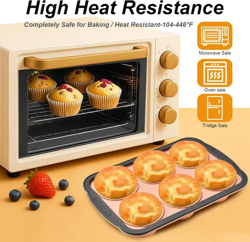Vista 6 de Moldes de silicona para muffins para hornear con marco de metal, molde de silicona para muffins de 6 cavidades, molde antiadherente para cupcakes