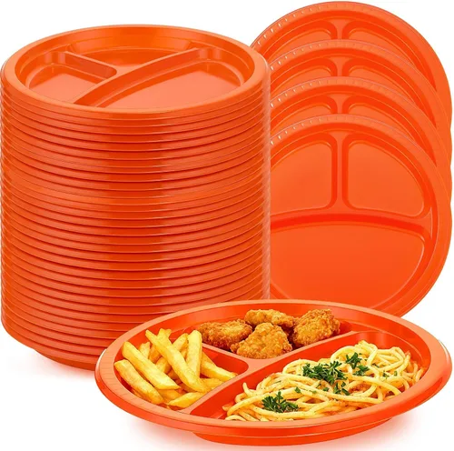Vista 7 de Umigy 100 platos de plástico divididos de 10 pulgadas, 3 compartimentos, a granel, colorido, desechable, resistente, vajilla redonda para San Negro