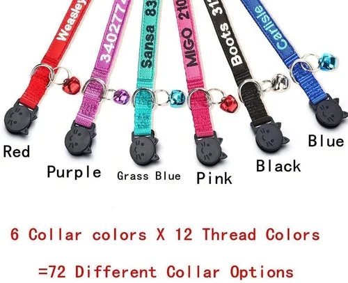 Vista 5 de WFRLQ Collar de gato, collares de identificación de gato personalizados bordados de nylon con campana - Texto personalizado con nombre de mascota
