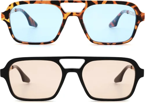 Vista 5 de Hycredi Lentes de sol planos estilo aviador retro de los años 70, gafas cuadradas vintage de moda para mujeres y hombres, diseño de metal, sombras