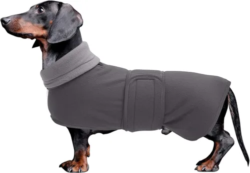Vista 11 de Abrigos para perros salchicha Morezi de forro polar para invierno, ropa para dachshund miniatura con cierre de gancho y bucle y ribete reflectante