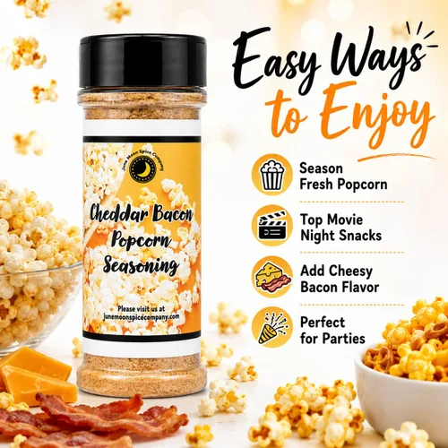 Vista 4 de Condimento para palomitas de maíz con tocino y cheddar, coctelera grande, hecho en lotes pequeños, de primera calidad, condimento sabroso