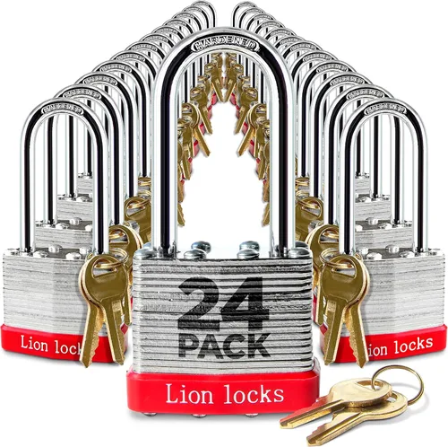 Vista 9 de Lion Locks 4 Candados de Llave Igual con Grillete Largo de 2", 8 Llaves, Candado de Acero Endurecido, Cilindro de Pines de Latón Resistente a