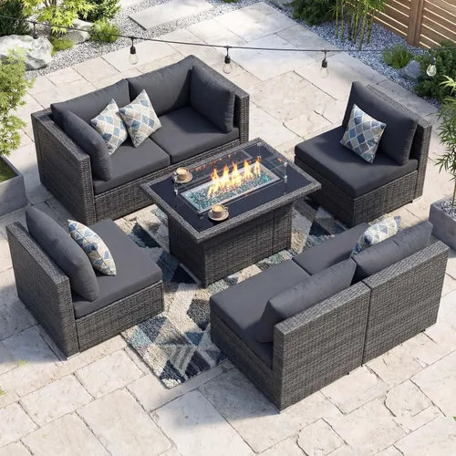 Vista 2 de NICESOUL Juego de muebles de patio de ratán extra grande con mesa para fogata de gas y propano, 29.3 pulgadas, respaldo alto, cómodos conversaciones
