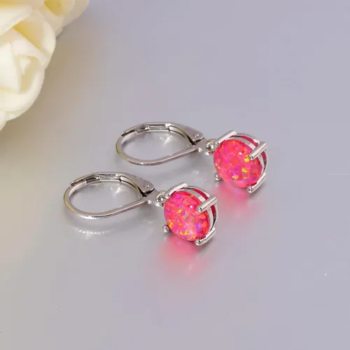 Vista 6 de CiNily - Aretes colgantes de ópalo, corte redondo, ópalo de fuego color azul, blanco, rosa, verde, negro, bañado en rodio, joyería con cierre catalán