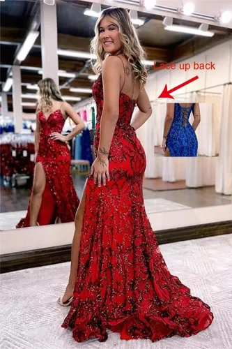 Vista 2 de RUMUGUYA Vestido de fiesta de sirena con lentejuelas brillantes con abertura para mujer, tirantes delgados, vestido formal de noche 2024