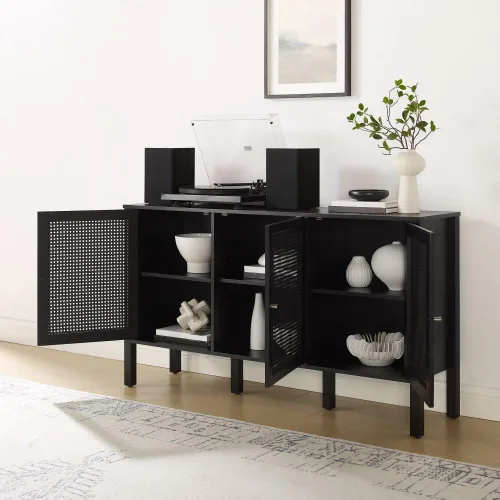 Vista 10 de Crosley Furniture Perry - Aparador de ratán moderno con armarios de almacenamiento, Credenza, soporte de TV, color negro