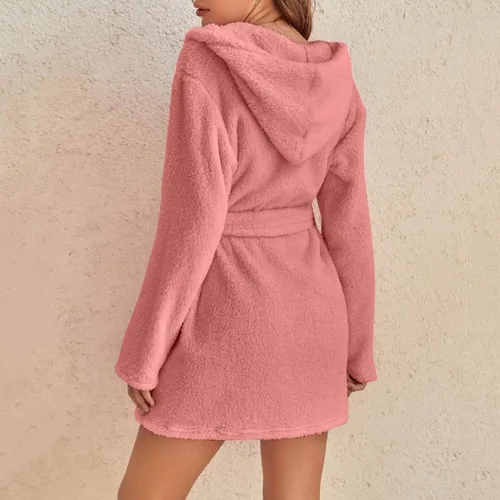 Vista 4 de Batas cortas para mujer, bata de baño de forro polar con capucha para mujer, batas cortas suaves y cálidas para spa