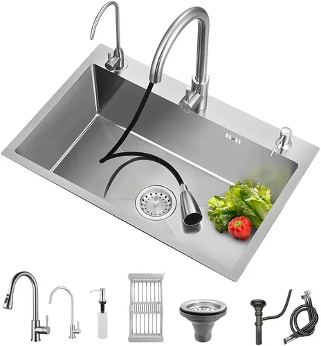 Vista 8 de ARTLINE Fregadero de cocina negro, fregadero de un solo cuenco de acero inoxidable, fregadero de estación de trabajo de caída/montaje superior