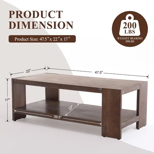 Vista 2 de chairus Mesa auxiliar de 47 pulgadas con almacenamiento de 2 niveles, mesa central rectangular de granja con patas de madera de pino maciza