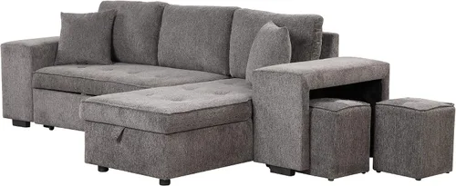 Vista 8 de Sofá cama modular de 104 pulgadas con diván convertible de almacenamiento y taburetes para sala de estar, moderno sofá cama extraíble de 3 asientos