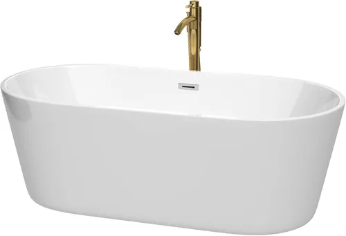 Vista 19 de Carissa - Bañera independiente de 60 pulgadas en color blanco con grifo montado en el suelo, desagüe y desbordamiento en negro mate