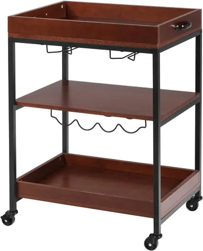 Vista 9 de Giantex Carrito de isla de cocina, carrito de estilo industrial con ruedas de 3 niveles, carrito de servicio, soporte de cocina de madera