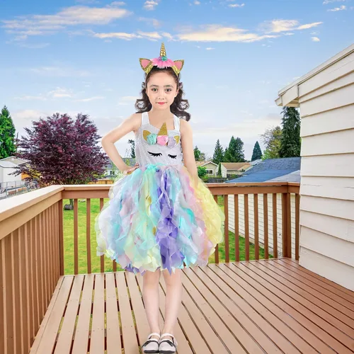 Vista 9 de Wish Care Vestido de unicornio para niñas de 3 a 10 años, vestido de tutú de unicornio con lentejuelas y arco iris, traje de fiesta de cumpleaños