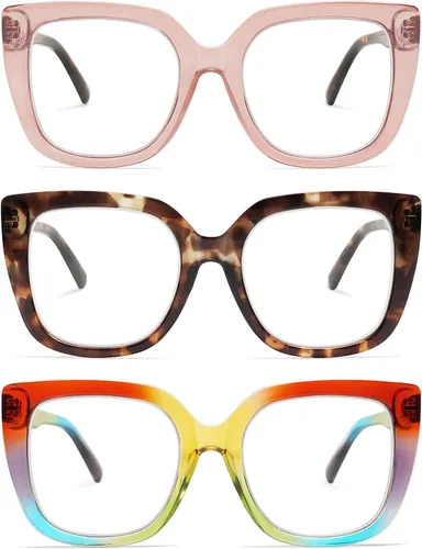 Vista 9 de Paquete de 3 lentes de lectura cuadrados retro de gran tamaño para mujer, grandes y elegantes con bloqueo de luz azul AM6072