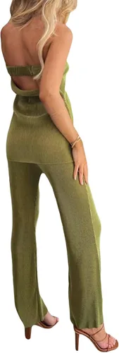 Vista 5 de NUFIWI Conjunto sexy de 2 piezas de pantalones sin tirantes para mujer, con hombros descubiertos, pantalones plisados de pierna ancha, trajes