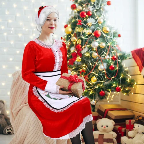 Vista 6 de 10 piezas de disfraz de Sra. Santa para mujer, vestido clásico de Papá Noel, capó, delantal, peluca para adultos, disfraz de Navidad, fiesta