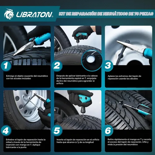 Vista 5 de Kit de reparación de neumáticos Libraton, kit de 78 piezas de tapones para neumáticos, herramientas profesionales resistentes para arreglar