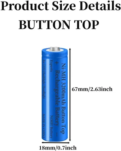 Vista 6 de Paquete de 2 baterías Ni-MH recargables de 3200 mAh, baterías NiMH con botón superior, batería de alta capacidad para linterna LED, faro, cámara