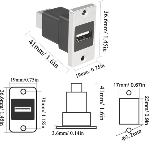 Vista 5 de QIANRENON Adaptador de impresión de montaje en panel USB 2.0 a USB B, USB 2.0 hembra a USB B hembra conector rectangular, toma de impresora
