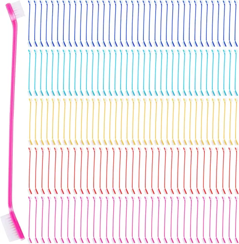 Vista 7 de Nuenen 150 cepillos de dientes para perros, cepillos dentales de doble cabeza, kit de cepillado de dientes de cachorro, cepillo de dientes de mango
