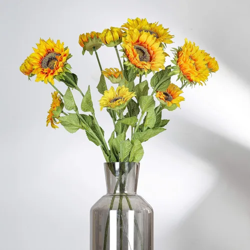 Vista 4 de Girasoles artificiales, 6 ramas de tallo de 29 pulgadas de largo con 3 flores artificiales para boda, ramo de novia, decoración del hogar, centros