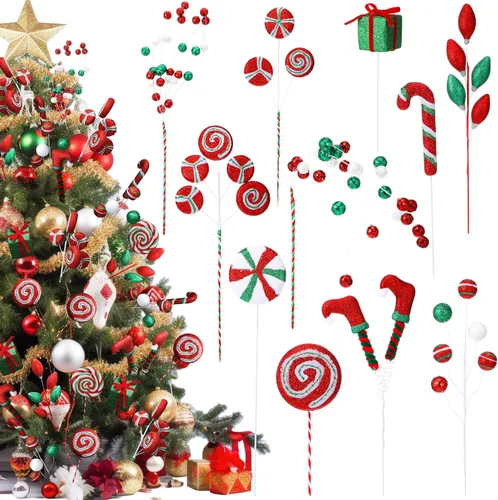 Vista 7 de Lyrow 10 Piezas Púas de Árbol de Dulces de Navidad de 14 pulgadas - Rojo, Verde, Blanco - Estilo Clásico - Navidad, Otoño, Invierno, Todo el Año