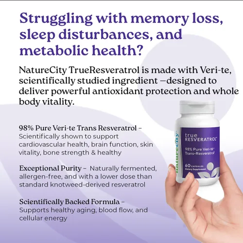 Vista 4 de NatureCity TrueResveratrol - Suplemento de resveratrol y apoyo antienvejecimiento con 75 mg de trans-resveratrol (98% de verific-te puro)