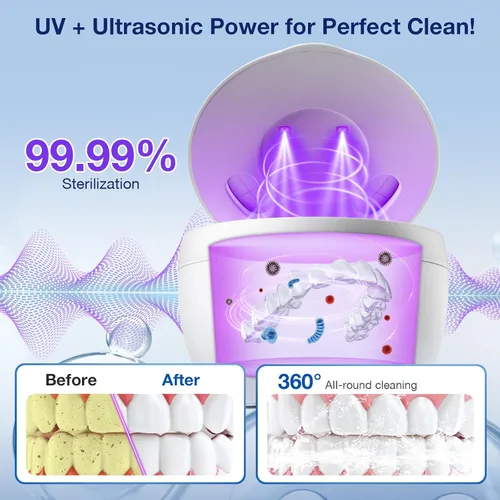 Vista 2 de Máquina limpiadora ultrasónica de retenedores de 45 kHz Limpieza de retenedores 200ML Limpiador dental 4 modos de limpieza con temporizador digital