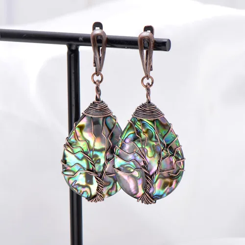 Vista 5 de Aretes de árbol de la vida de concha de abulón marino con alambre de cobre de bronce para mujer, cierre vintage