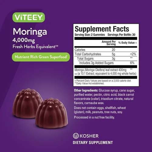 Vista 4 de Viteey Moringa Gummies - 4,000 mg [de 400 mg de extracto 10: 1] de Moringa Suplemento Super Greens - Gomitas antioxidantes para el bienestar