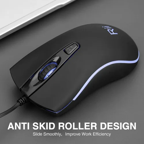 Vista 4 de Rii Ratón con cable RM105, mouse de computadora con retroiluminación RGB colorida, agarre cómodo óptico ergonómico, ratones con cable USB compatible