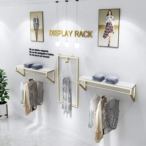 Vista 4 de Modern Simple - Estante de exhibición de metal resistente para hombres y mujeres, perchero de pared con madera, riel para ropa, toallero para colgar