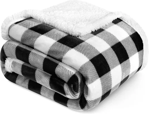 Vista 11 de PAVILIA Manta Sherpa de Cuadros Buffalo Gris Claro para Sofá, Manta de Forro Polar Suave Gris Claro a Cuadros, Manta de Franela Suave y Mullida