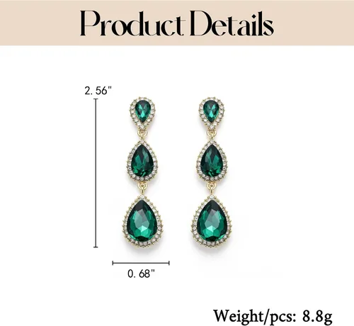 Vista 5 de EleQueen Pendientes de cristal austriaco en tono dorado para mujer, forma de pera de 2.5 pulgadas, color esmeralda