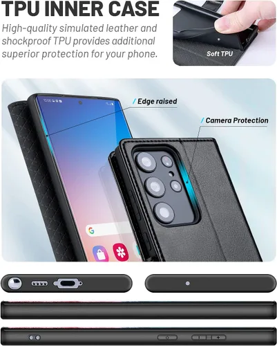 Vista 10 de OCASE Funda compatible con Galaxy S23 Ultra 5G, funda de piel sintética con tapa y soporte para tarjetas con bloqueo RFID